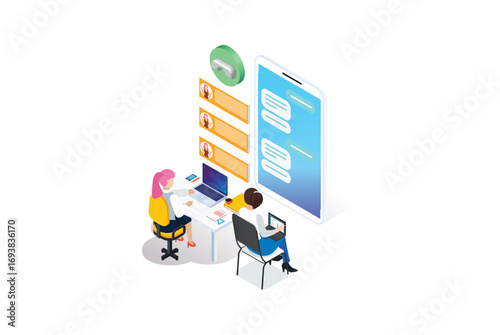 Customer support concept. Consultant on hotline chat, telemarketer. Helpdesk talking. Infographic of call center answer. Girl technical professional receptionist. Flat isometric vector illustration