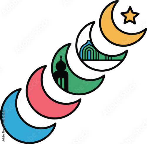 Vibrant crescent moons with Islamic symbols represent cultural celebration and community spirit