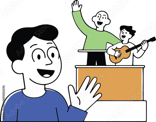 Joyful friends celebrating together with music and waves in a lively, modern scene