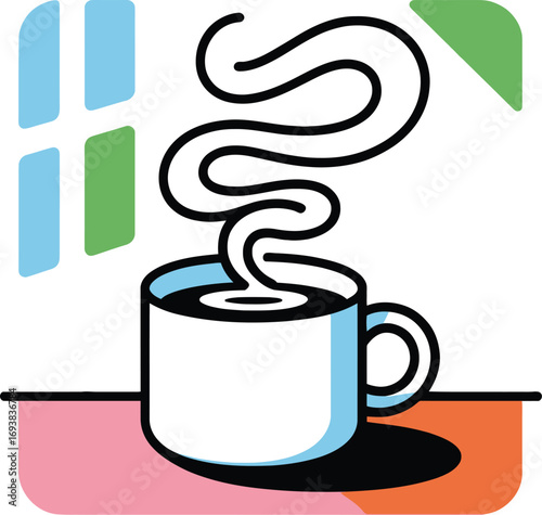 Warm steaming coffee cup by window, vibrant colors, cozy morning vibe