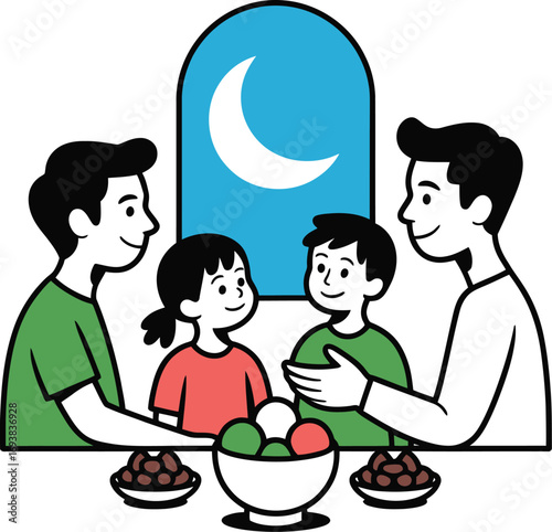 Family sharing a meal with dates and sweets, celebrating Ramadan together at night