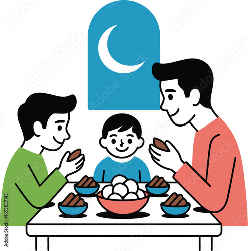 Family enjoying iftar meal together during Ramadan with crescent moon in window