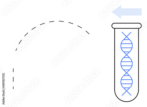DNA strand depicted inside a test tube, accompanied by an arrow symbolizing direction or flow. Ideal for genetics, biotechnology, research, innovation, lab analysis, data transfer, simple flat