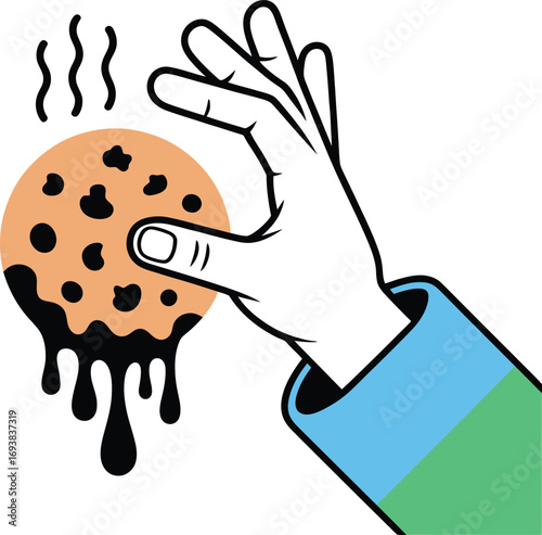 Freshly baked chocolate chip cookie held by hand with steam rising, delicious treat