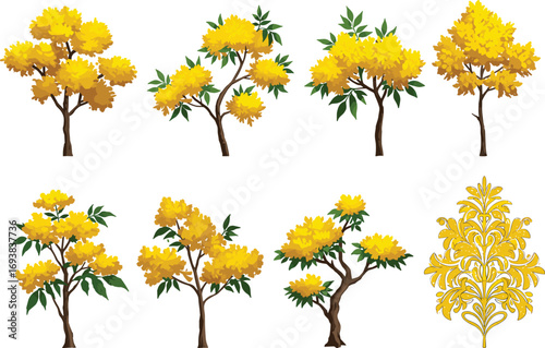 Set of Stylized Yellow Flowering Trees with Green Leaves and Brown Trunks for Botanical, Decorative, Nature, and Garden Design Themes