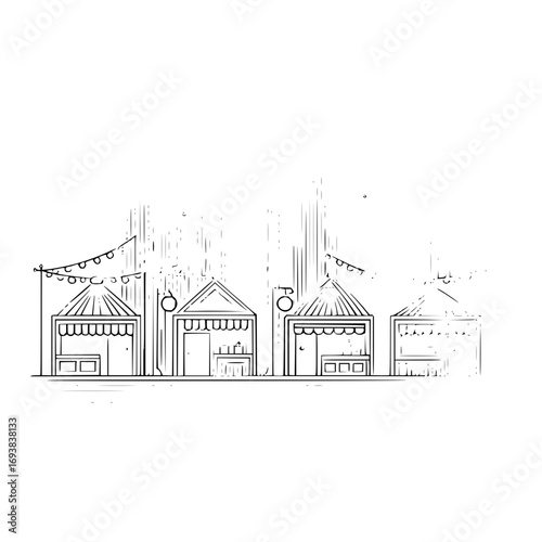 Market street fair vendor stalls with lights illustration for business and event promotion design