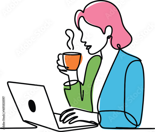 Businesswoman enjoying coffee while working on laptop, creative colorful line  design