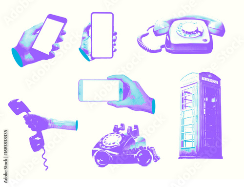 Vintage and Modern Phones Vector Illustration, Halftone Design, Cutout Elements