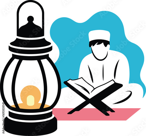 Muslim man reading Quran with lantern for Ramadan celebration, spiritual moment