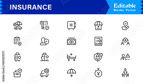 Professional Insurance Line Icon Set Featuring Modern, Minimal, Unique Designs for Clear, Premium Visuals in Finance, Risk, and Protection Concepts