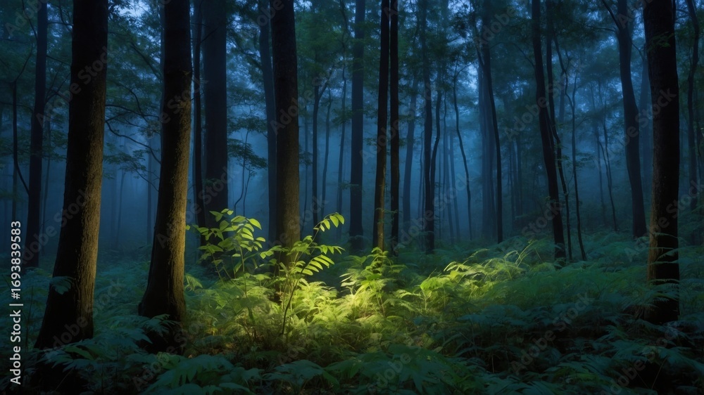 Fototapeta premium Enchanted forest scene with misty ambiance, illuminated foliage, and towering trees creating a serene atmosphere