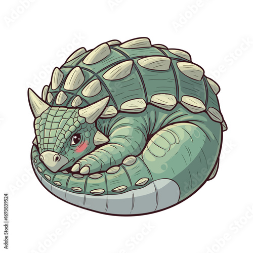 A cute cartoon baby Ankylosaurus dinosaur sleeping peacefully while curled into an armored ball.