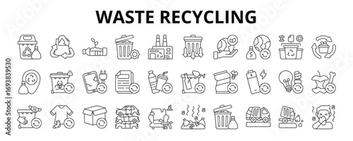 30 Waste Recycling Line Icons Vector - Waste Management, Circular Economy, Plastic Waste Recycling, Trash Bin, Garbage Truck, Landfill