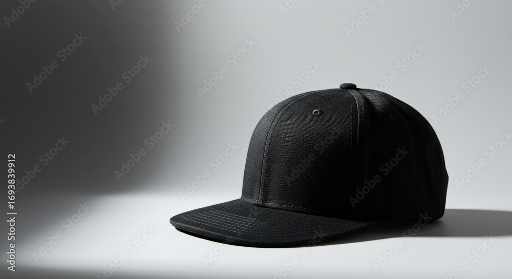 Fototapeta premium Black Snapback Cap with Geometric Shadows on Light Gray Background