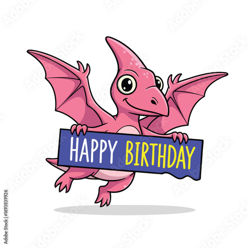 A cute pink cartoon pterodactyl flying while holding a blue Happy Birthday sign.