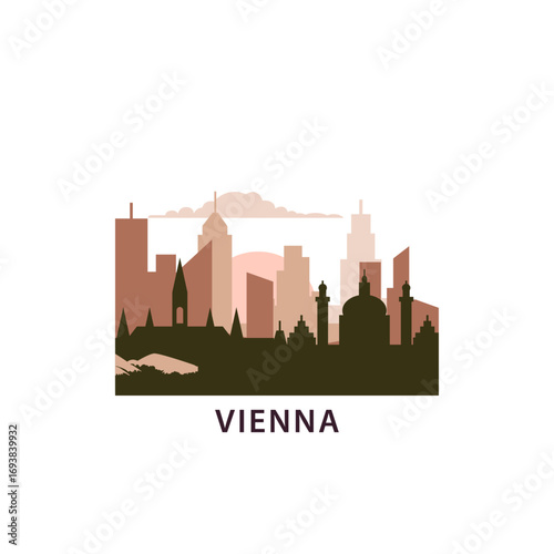 Vienna logo with skyline, cityscape flat vector icon, clip art. Austria city horizon, perspective, outlook, travel logotype