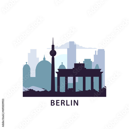 Berlin logo with skyline, cityscape flat vector icon, clip art. Germany city horizon, perspective, outlook, travel logotype