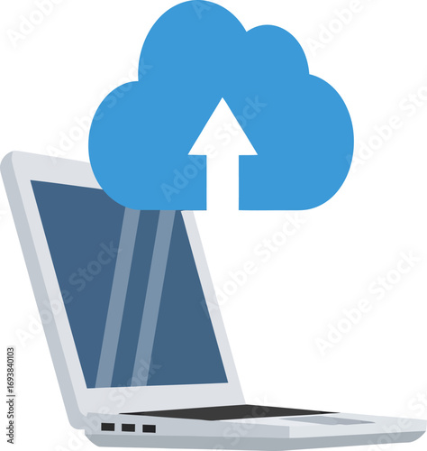 Modern flat illustration of a laptop computer uploading data to a cloud network for online storage and backup