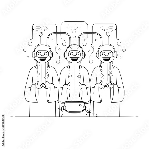 Futuristic robot monks connected to ai system for spiritual guidance and enlightenment illustration art