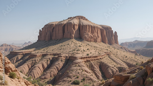 Block hill made of eroding fractured granite above dry canyon with isolated green trees, Saudi Arabia