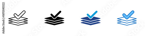 Task Layers Multiple Style Icon Vector Design - Stacked papers with a checkmark, representing task layers, completion, or verified workflows