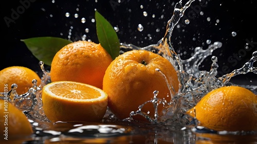 Fresh Oranges with Splashing Water and Leaves – Citrus Refreshment