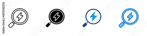 Energy Search Multiple Style Icon Vector Design - Magnifying glass with lightning symbol, representing energy exploration, power analysis, or diagnostics