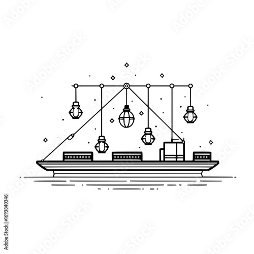 Minimalist line art of a cargo ship at sea with hanging lights for maritime and transportation design projects