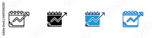 Growth Schedule Multiple Style Icon Vector Design - Calendar with upward arrow graph, indicating scheduled growth, performance planning, or forecast