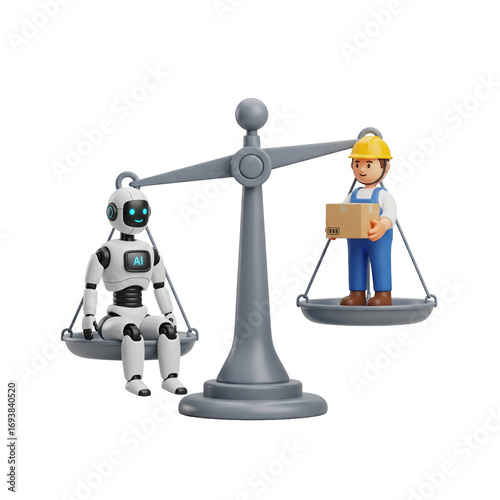 AI robot and human worker balanced on a weighing scale, representing the future of labor.