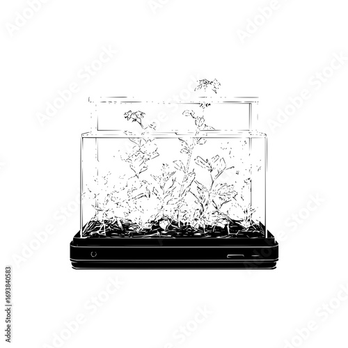 Aquatic plants terrarium ecosystem indoor garden black and white illustration nature home decor design idea is here
