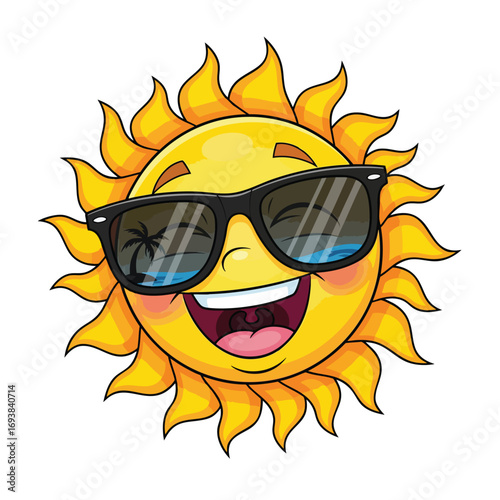 A happy cartoon sun character wearing cool black sunglasses with a big smile.