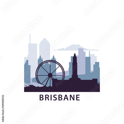 Brisbane logo with skyline, cityscape flat vector icon, clip art. Australia city horizon, perspective, outlook, travel logotype
