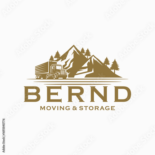 Mountain and box storage truck transportation relocation vintage vector logo design