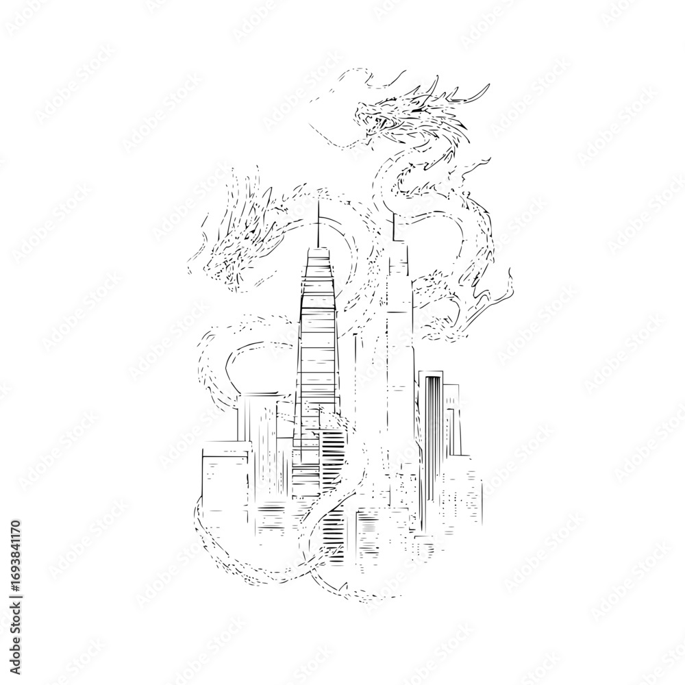 Obraz premium Dragon over city skyline drawing black and white illustration fantasy art mythical creature urban landscape artwork