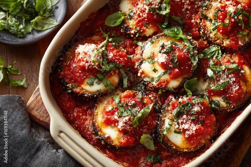 Eggplant parmesan bake in a casserole dish, topped with tomato sauce, mozzarella, and basil