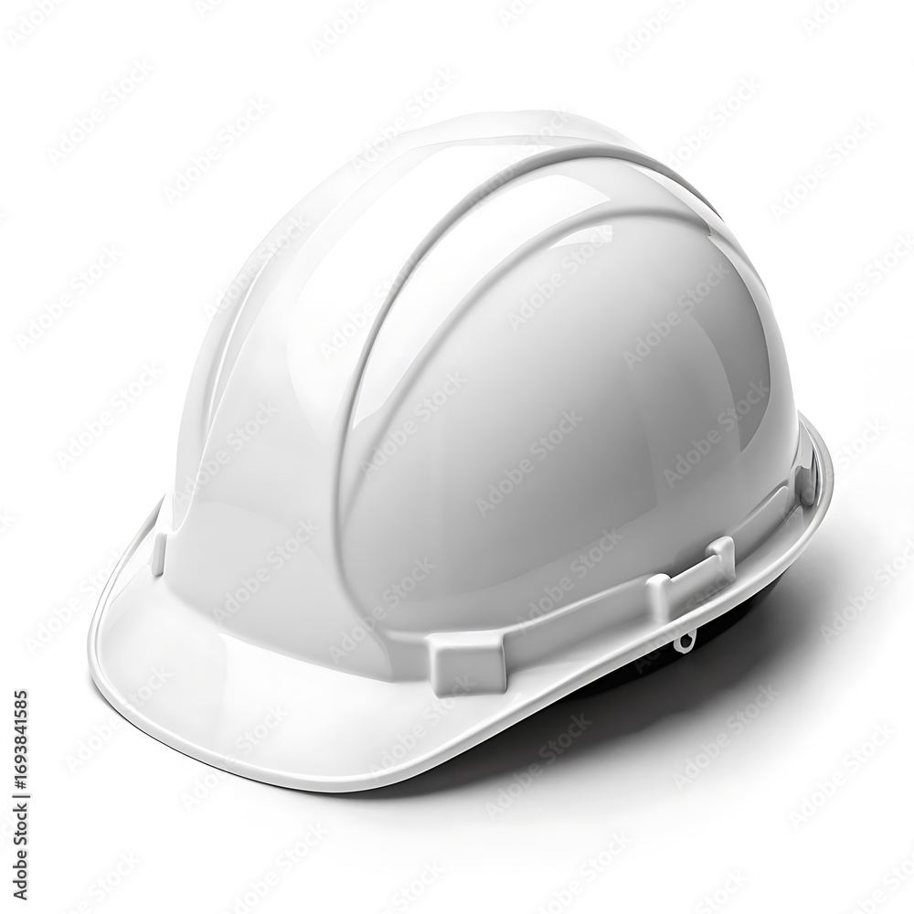 Fototapeta premium A studio shot of a clean white hard hat resting on a white surface with a soft shadow behind it