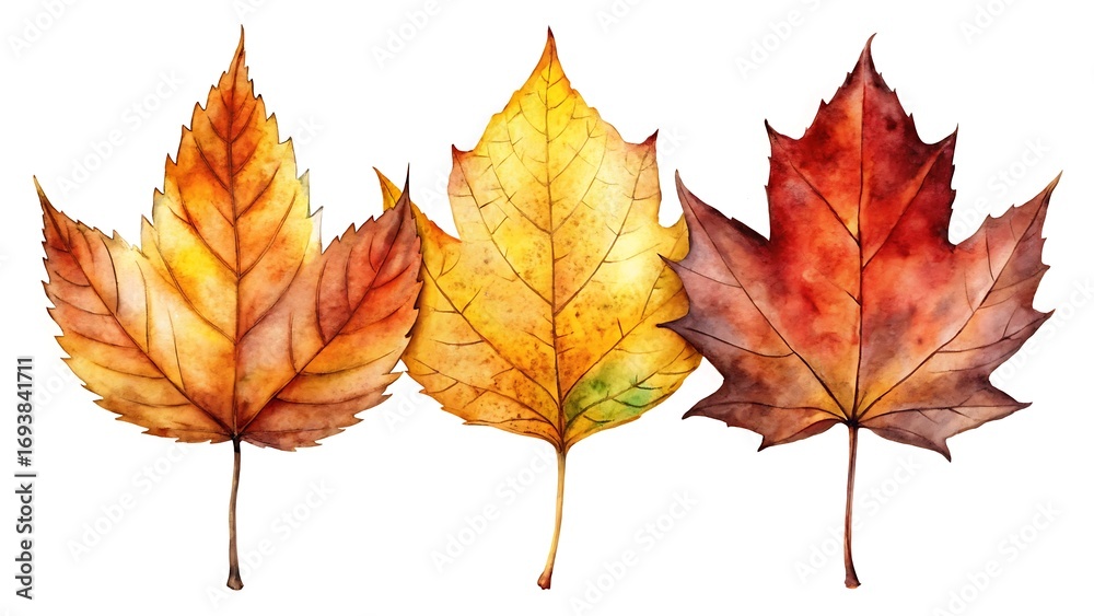 Fototapeta premium Watercolor autumn leaves isolated on white background in vibrant shades of red, orange, and yellow, showcasing the beauty of fall