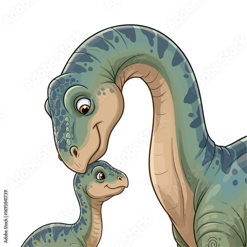 Affectionate mother and baby brachiosaurus dinosaurs sharing a tender moment a cute cartoon illustration.
