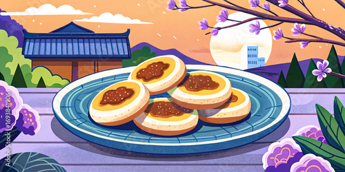 Korean hotteok dessert, sweet filled pancake with brown sugar and nuts, winter street food delicacy, cultural pastry