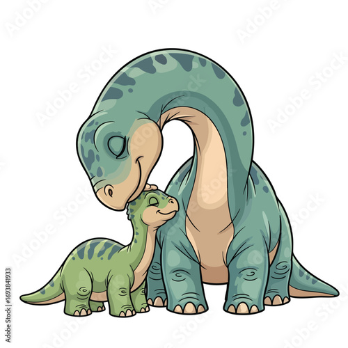 An endearing cartoon illustration of a mother Brontosaurus lovingly nuzzling her baby.