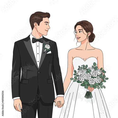 Beautifully illustrated wedding couple holding hands the groom in a black tuxedo and the bride in a white gown with a rose bouquet.