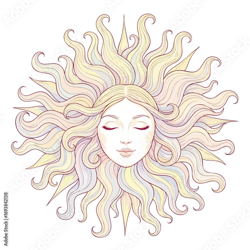 Beautiful sun goddess with a serene female face and flowing wavy pastelcolored hair rays.