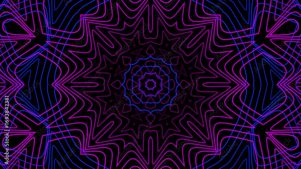 Hypnotic purple and blue neon lines create a mesmerizing symmetrical kaleidoscopic pattern on a dark background