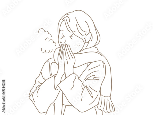 女性　イラスト　咳　寒い