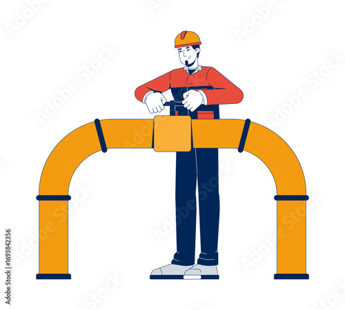 Oil industry worker handling pipeline valve 2D vector illustration. Energy infrastructure. Industrial engineer control over gas flow flat character isolated on white background. Colorful cartoon image