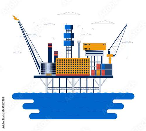 Offshore oil rig platform in ocean 2D vector illustration. Energy production infrastructure. Marine facility. Oilfield, gas extraction flat scene isolated on white background. Colorful cartoon image