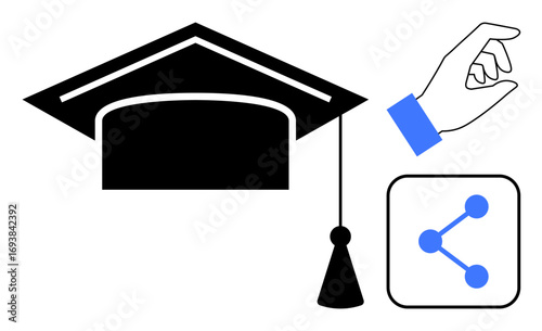 Graduation cap symbolizes education, hand gesture conveys action, and share icon suggests collaboration and knowledge distribution. Ideal for education, collaboration, growth, communication, sharing