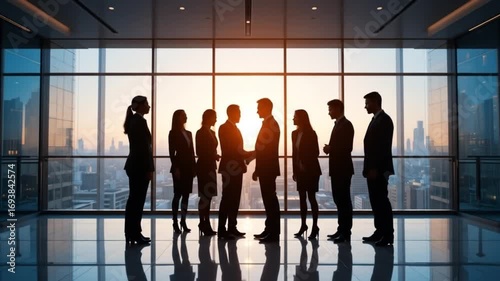 Silhouette of businessman with team shaking hands with partner. 4k video