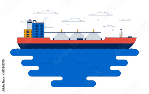 Oil tanker ship transporting petroleum by sea 2D vector illustration. Maritime transport shipping. Ocean freight. Energy logistics flat scene isolated on white background. Colorful cartoon image